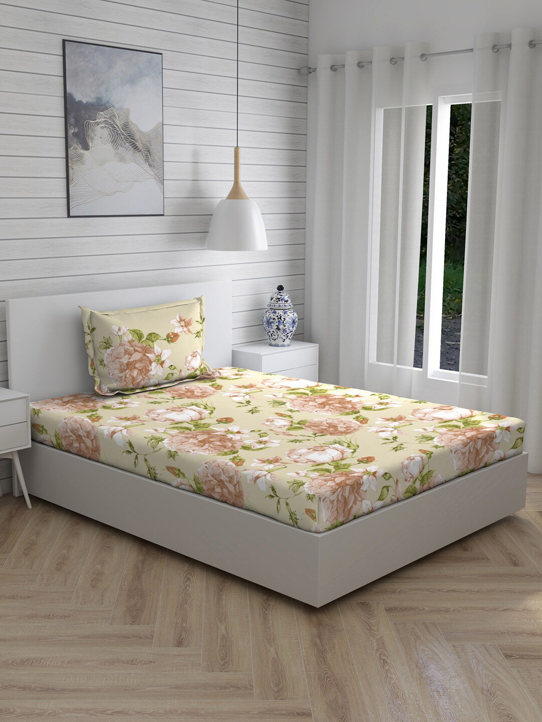 Layers Beige & Pink Floral 104 TC 100% Cotton Single Bedsheet with One Pillow Covers