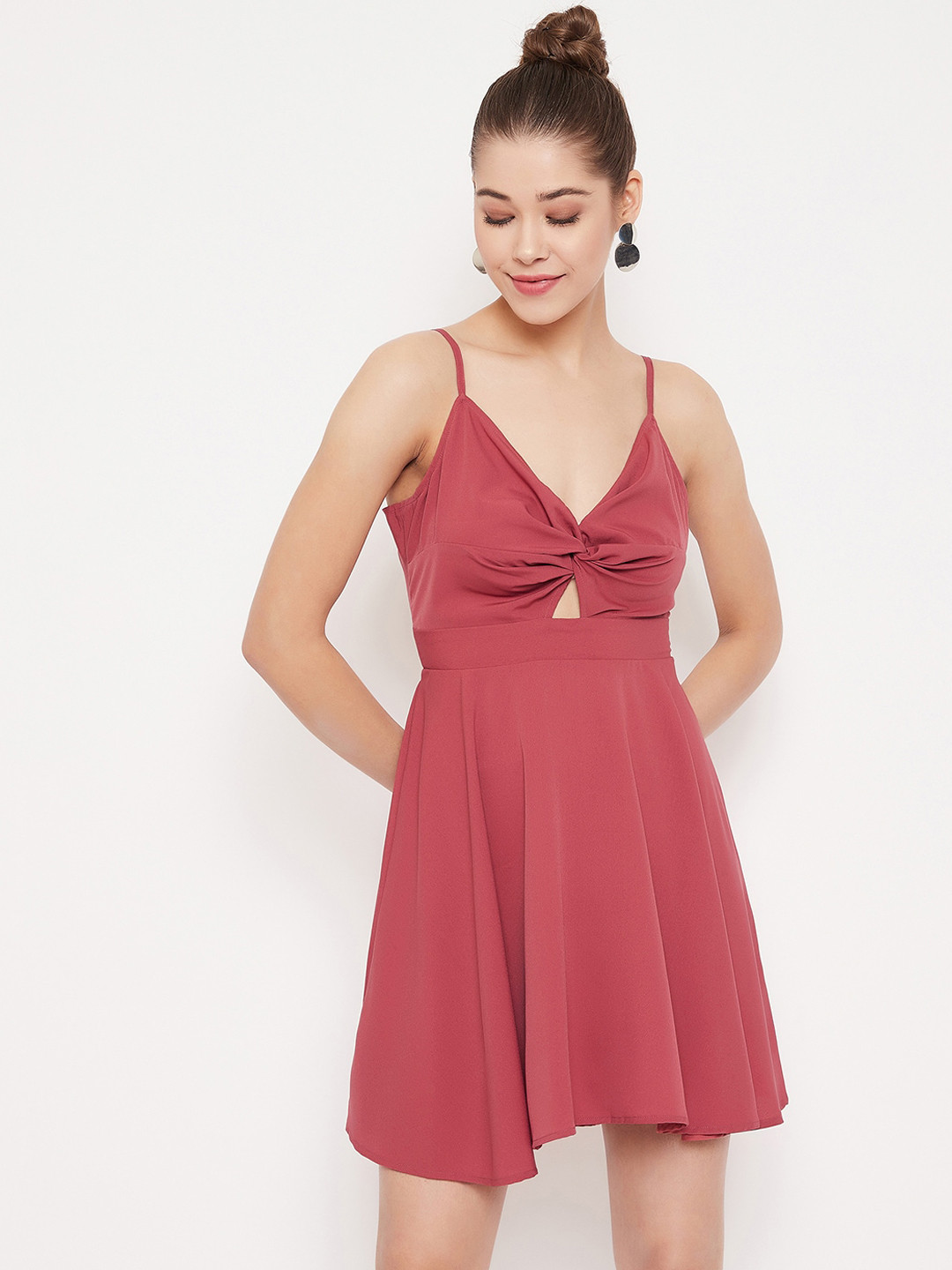 Berrylush Women Pink Solid Fit and Flare Twist Knot Dress