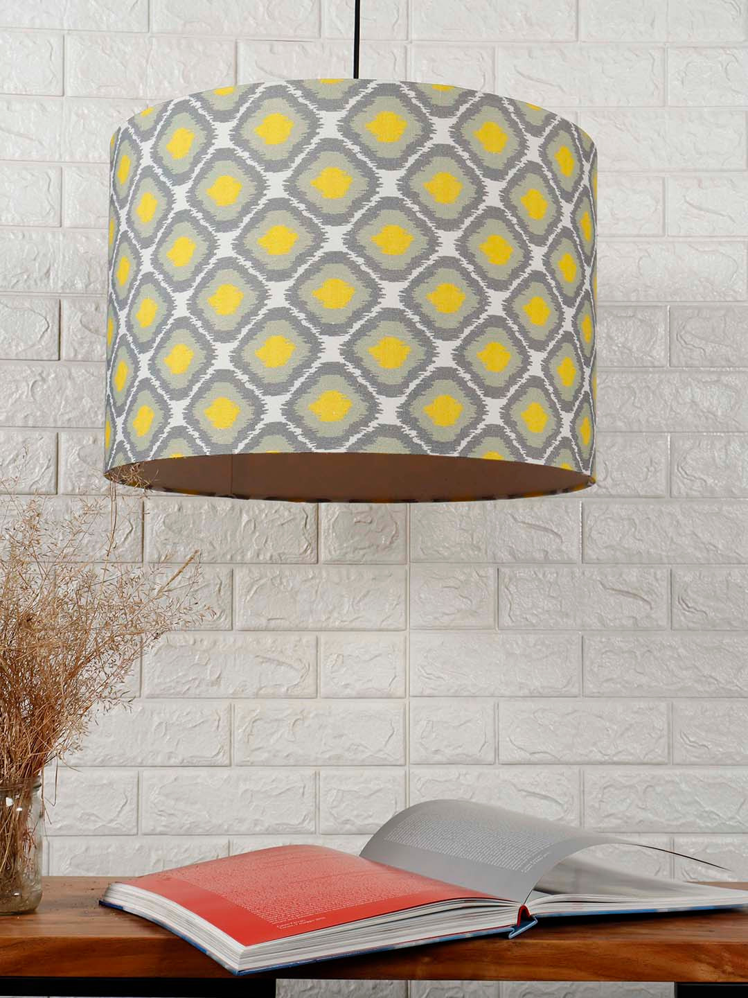 Grated Ginger Yellow & Grey Printed Cylindrical Hanging Light