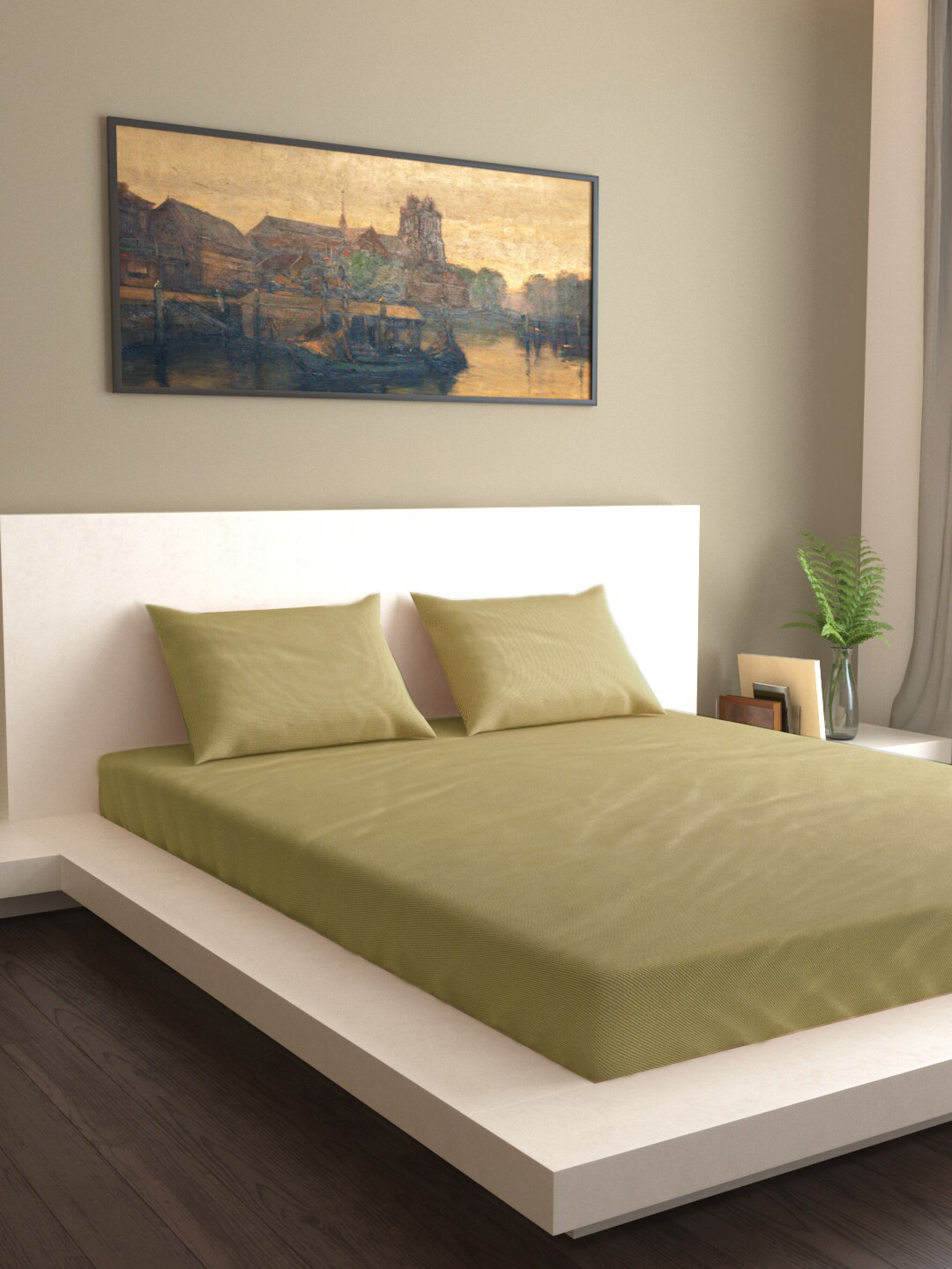 MARK HOME Olive Pure Cotton 210 TC King Fine Bedsheet with 2 Pillow Covers-108 x 108 inches