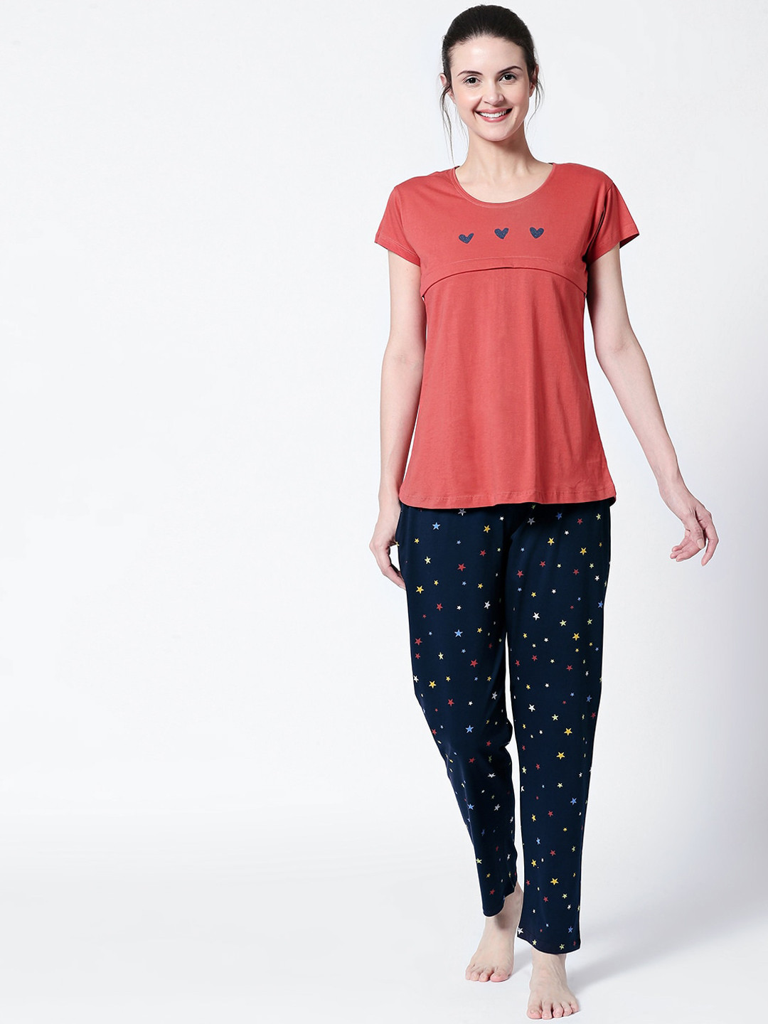 Zeyo Women Red & Navy Blue Printed Maternity & Feeding Night Suit