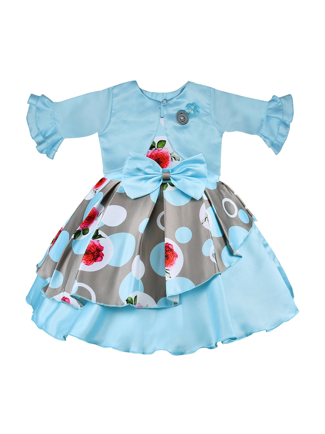 Wish Karo Girls Blue & Grey Printed Fit and Flare Dress With Shrug