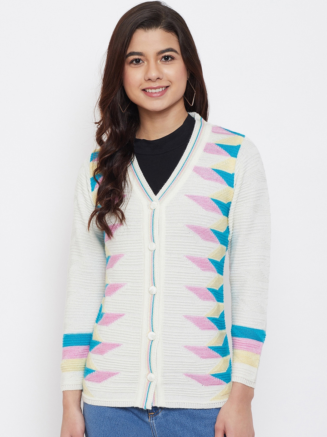 Zigo Women White & Blue Self-Design Cardigan Sweater