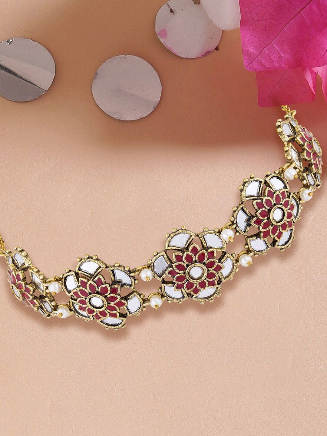 Voylla Oxidized Gold-Plated Red & White Beaded Jewellery Set