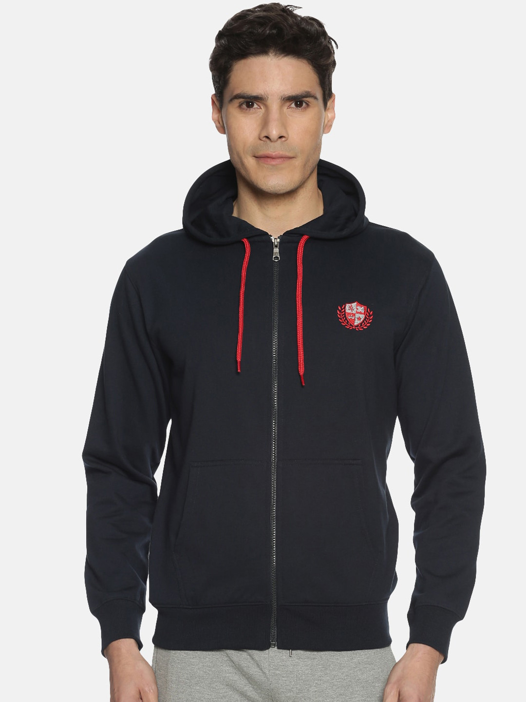 Dollar Men Navy Blue Solid Hooded Sweatshirt
