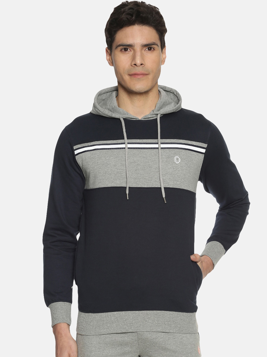 Dollar Men Navy Blue & Grey Colourblocked Sweatshirt
