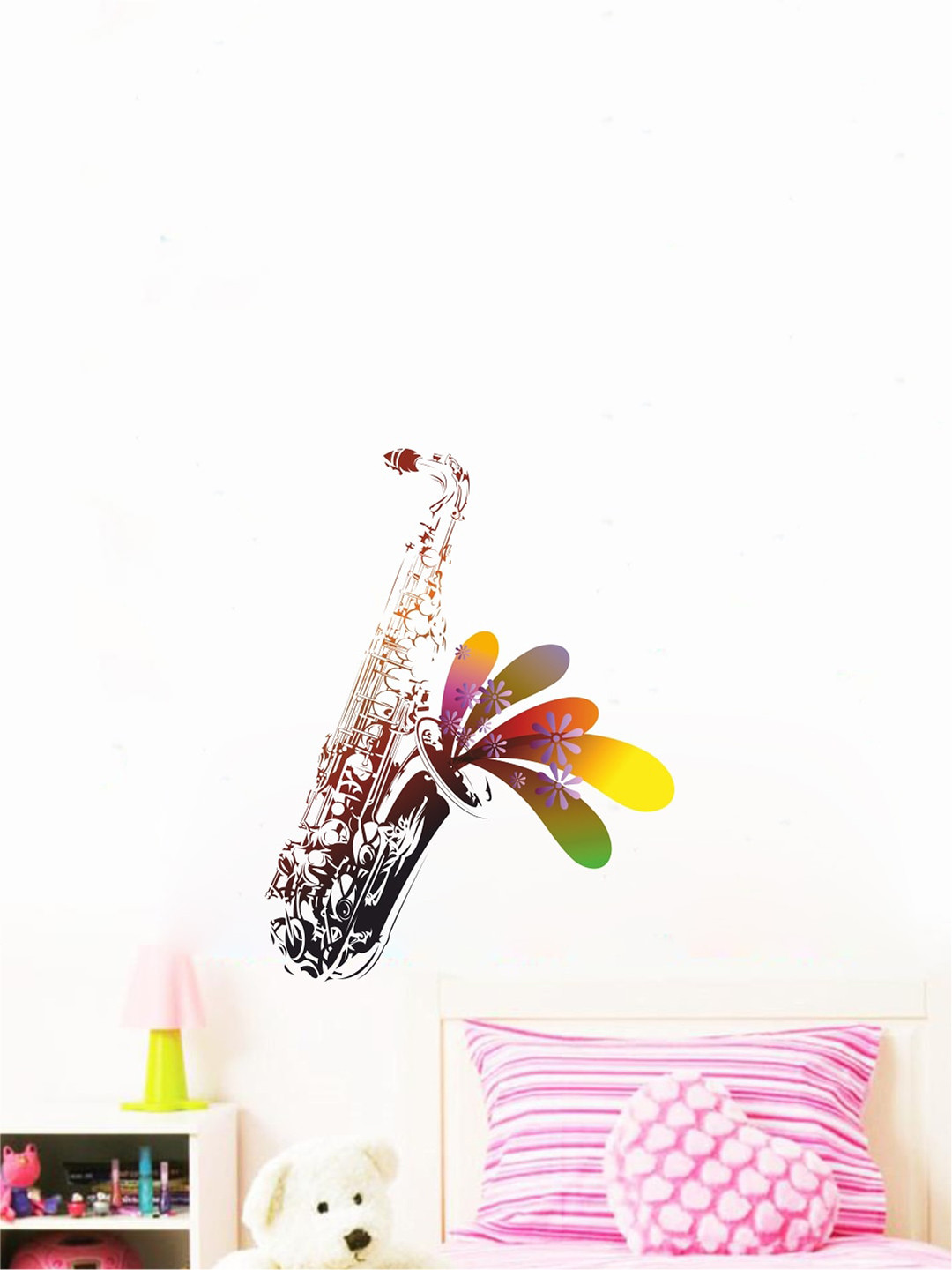 rawpockets Multicolored Saxophone with Flower Wall Stickers