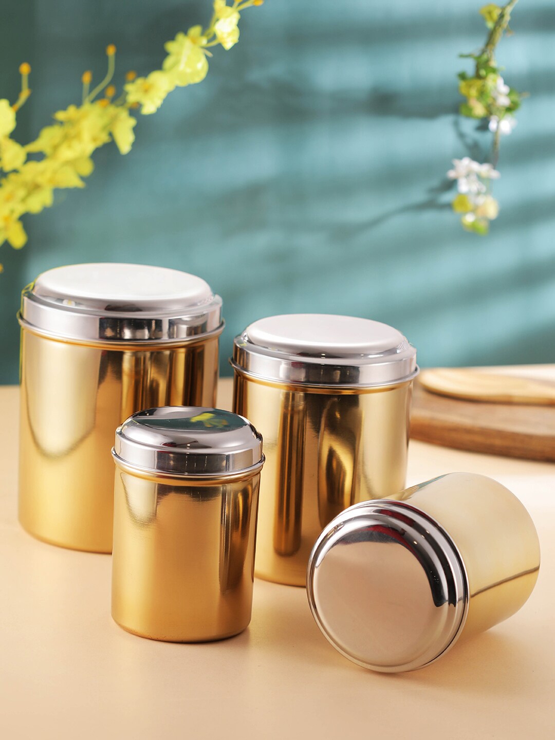 Jensons Set Of 12 Gold & Silver-Toned Solid Stainless Steel Canisters