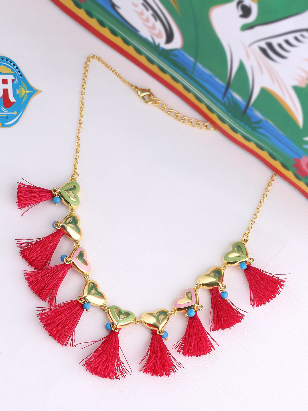 Voylla Gold-Plated Pink & Blue Beaded Enamelled Truck Art Hearts & Tasselled Necklace