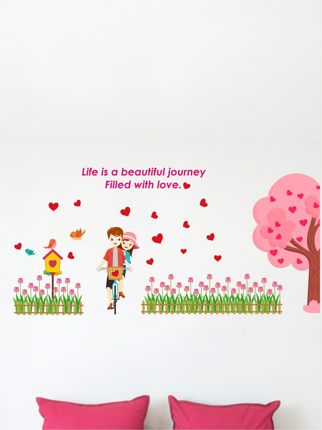 rawpockets Pink Couple With Lovely Tree & Hearts Wall Sticker