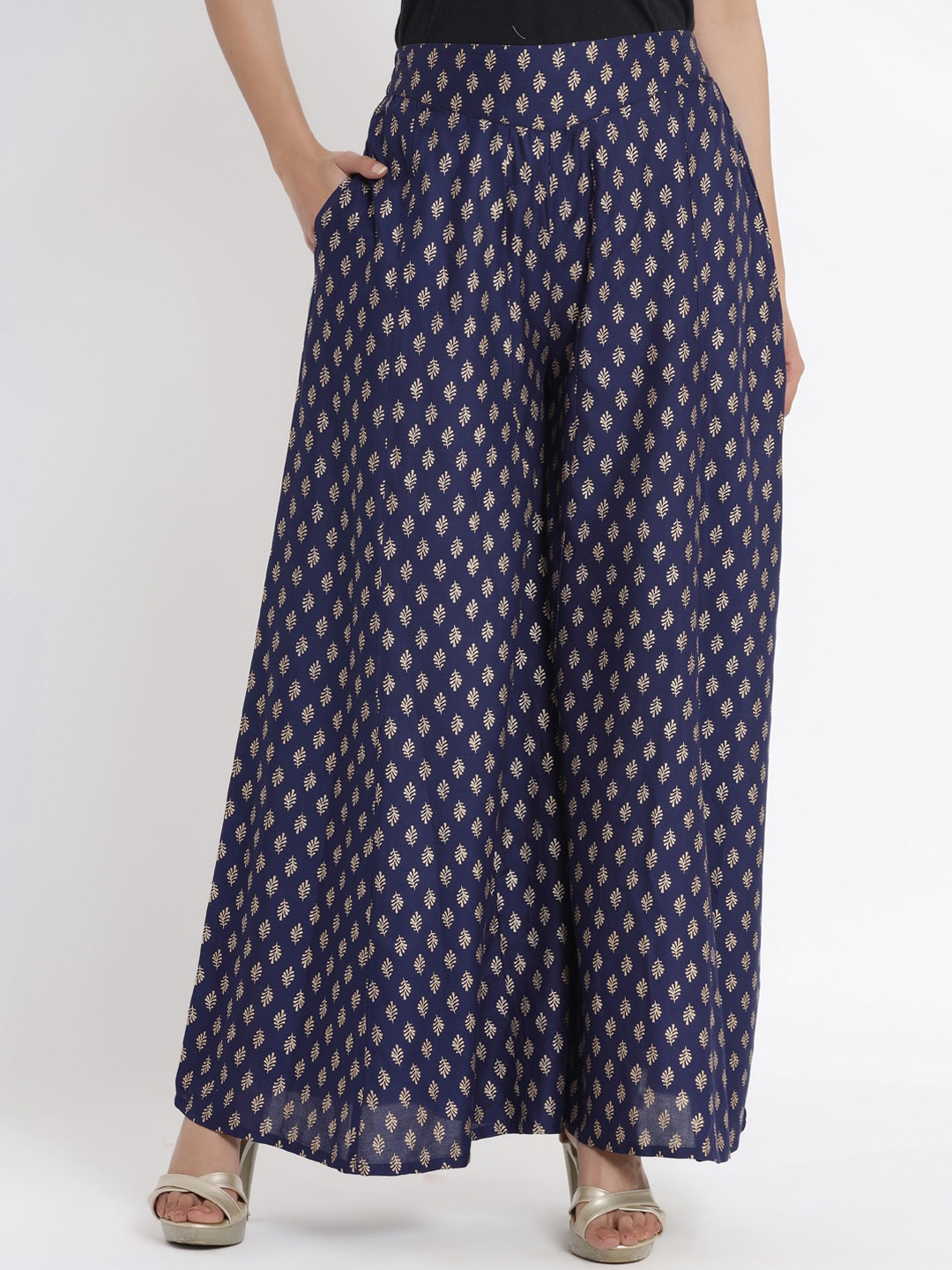 Juniper Women Navy Blue & Gold-Coloured Printed Flared Palazzo
