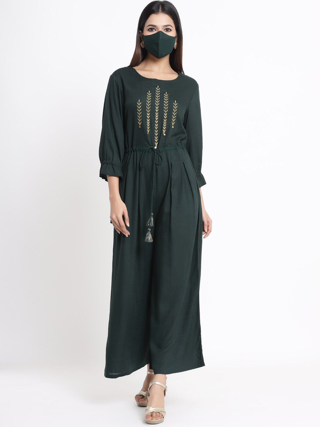 Juniper Women Green & Gold-Colour Embroidered Basic Jumpsuit