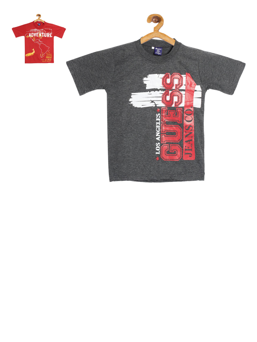 SWEET ANGEL Boys Pack Of 2 Red  Grey Printed Round Neck Pure Cotton T-shirts