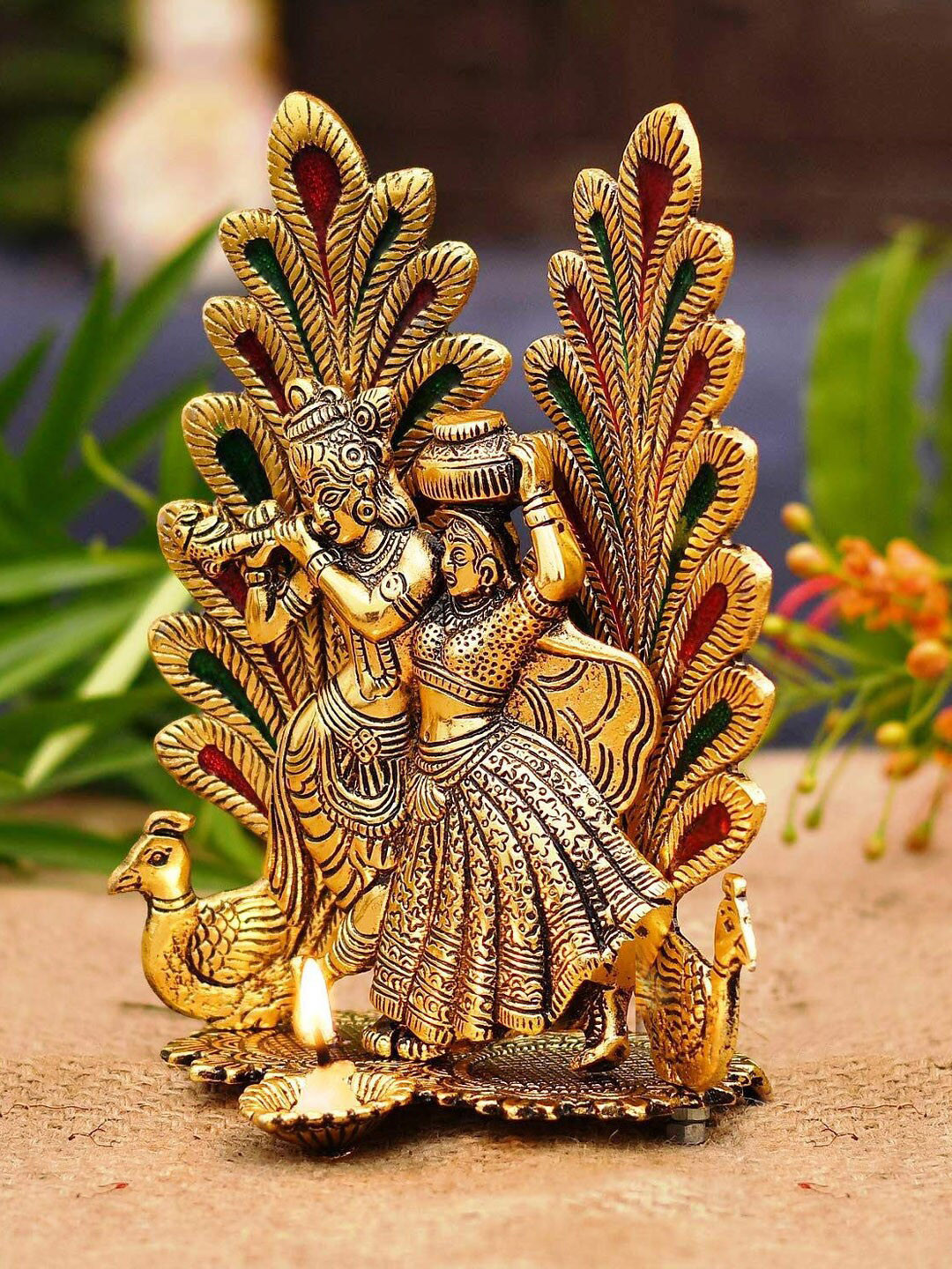 TIED RIBBONS Radha Krishna Gold Brass Metallic Prayer Room Hand-Crafted Small Showpiece - 11.9 Inches