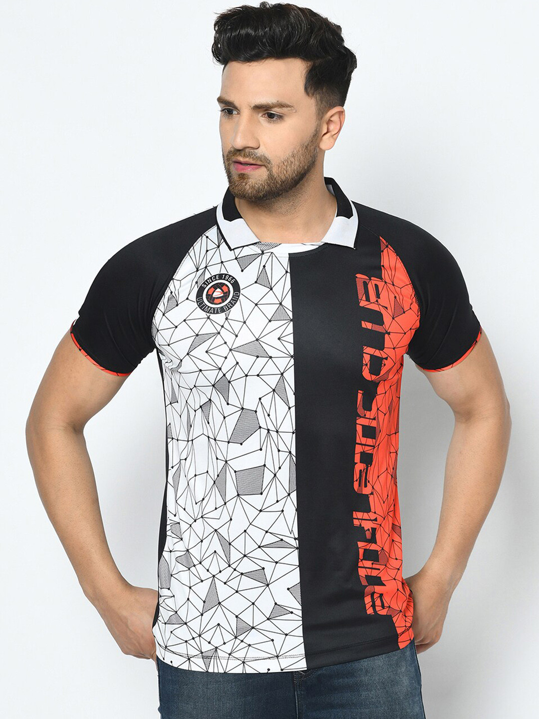 Duke Men Black & White Printed Polo Collar T-shirt