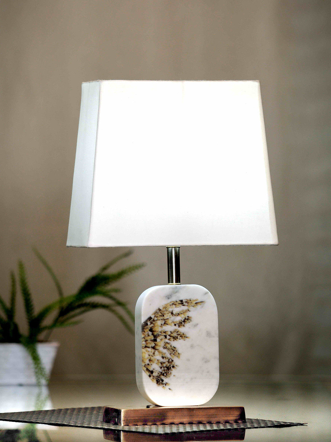 POSH-N-PLUSH White & Brown Printed Bedside Standard Lamp