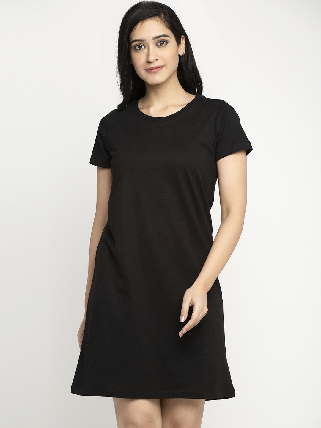 DOOR74 Women Black Solid Knee Length T-shirt Dress
