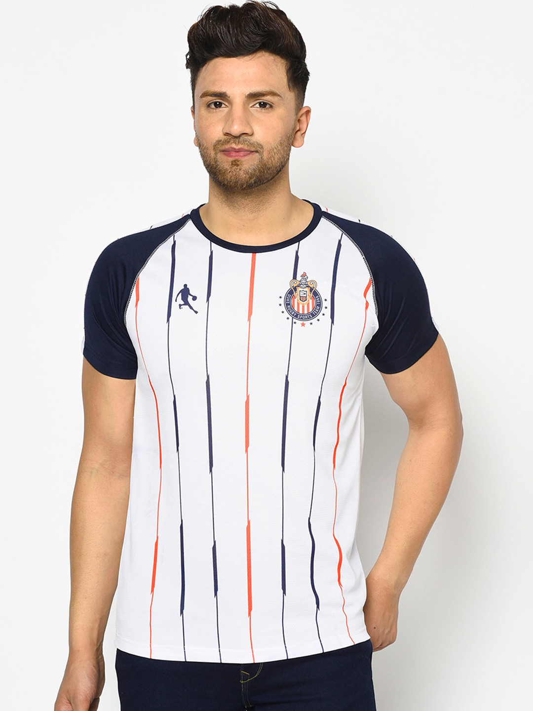 Duke Men White Striped Round Neck T-shirt