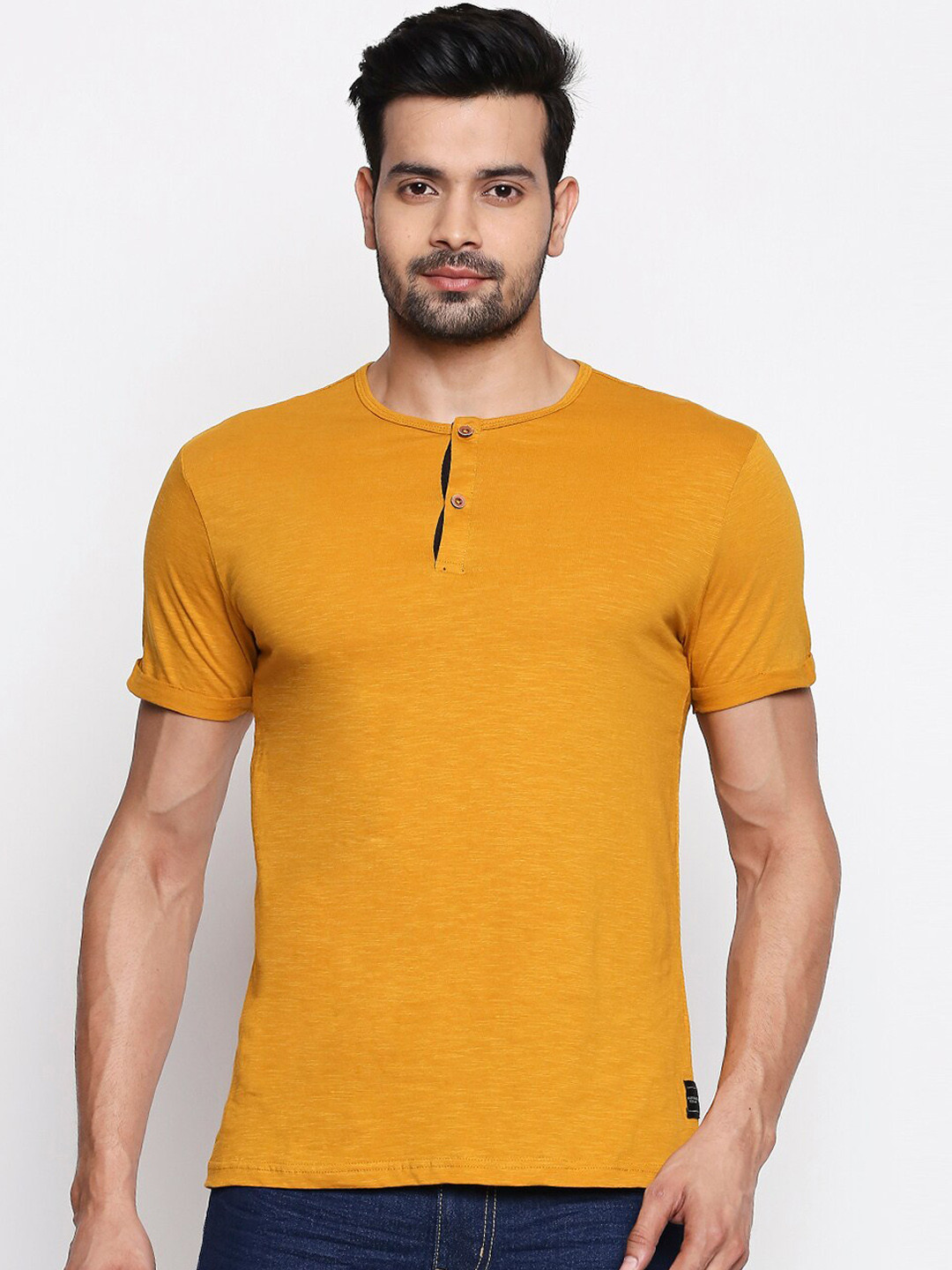 People Men Mustard Yellow Solid Henley Neck T-shirt