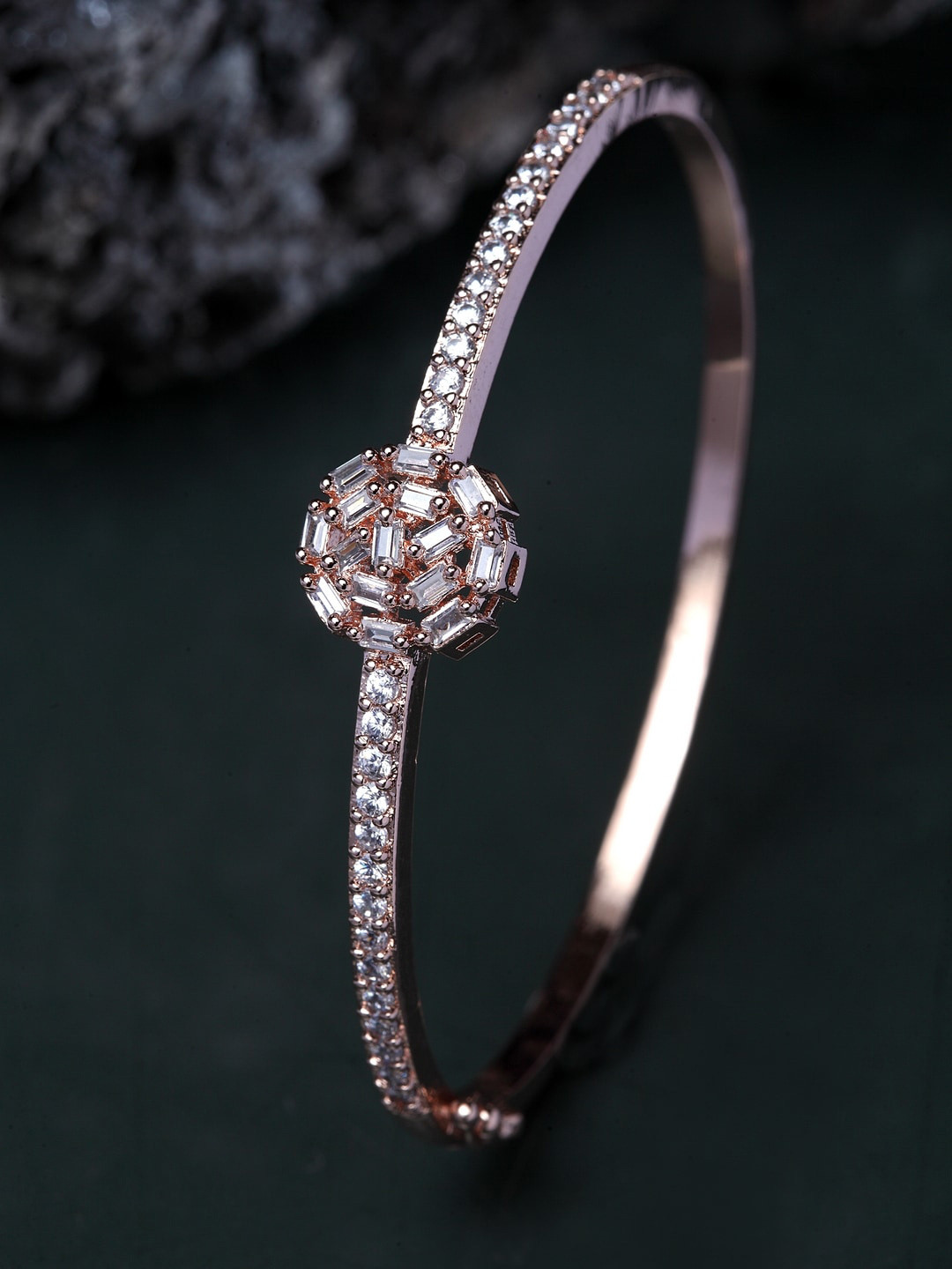ANIKAS CREATION Rose Gold Plated White AD Stone Studded Kada Bracelet