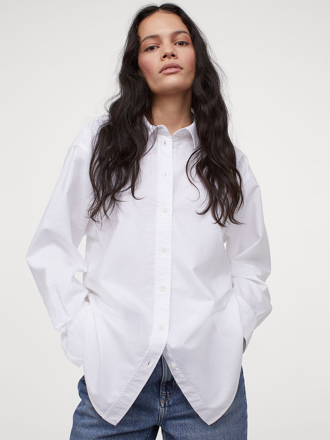 H&M Women White Solid Oversized Oxford Shirt