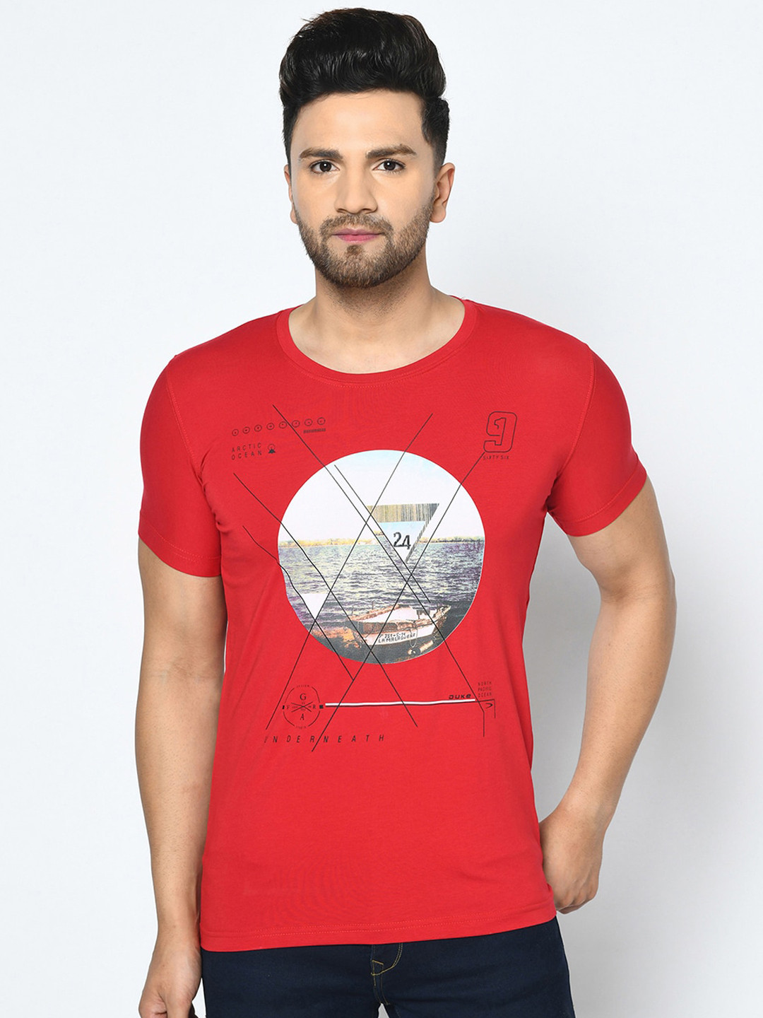 Duke Men Red Printed Round Neck T-shirt