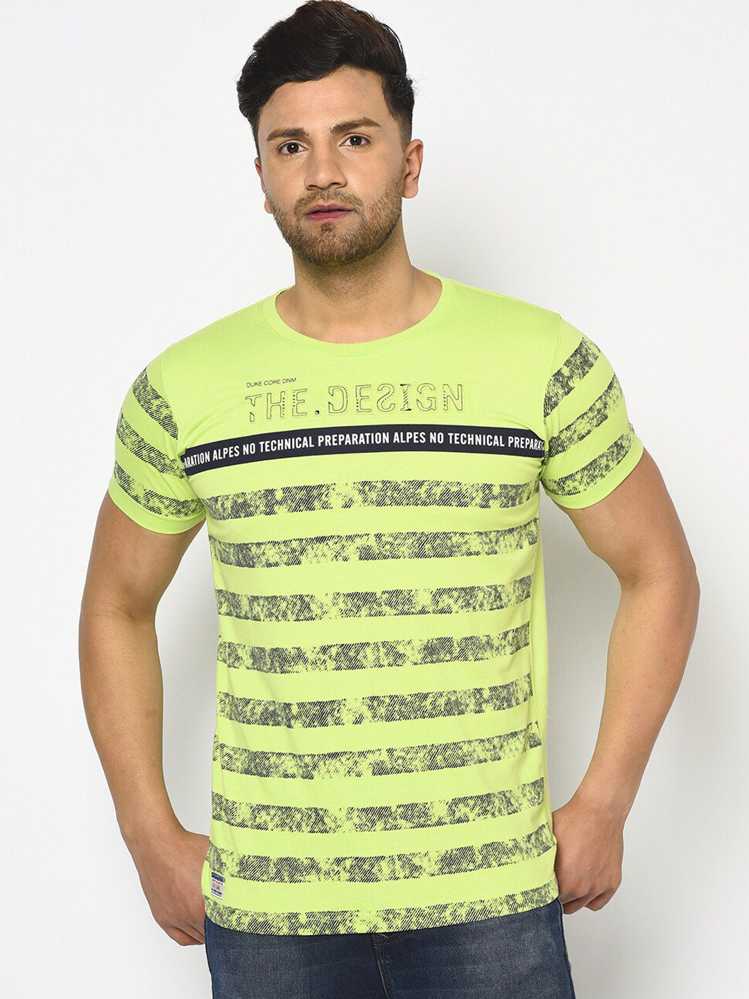 Duke Men Green Striped Round Neck T-shirt