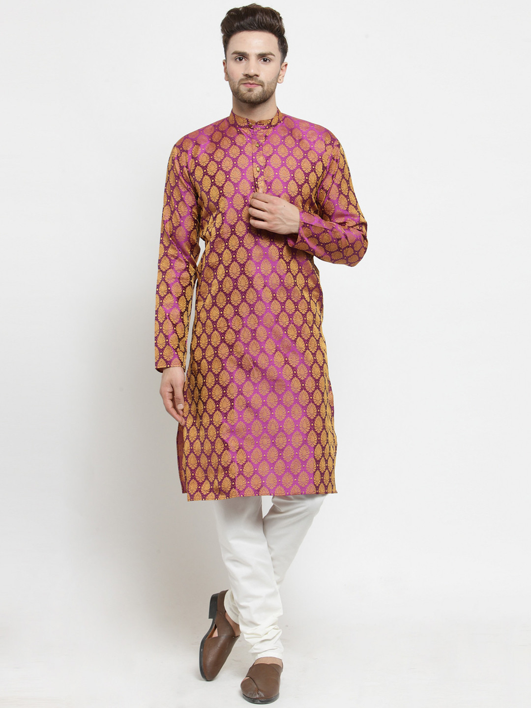 Jompers Men Pink & White Woven Design Kurta with Churidar