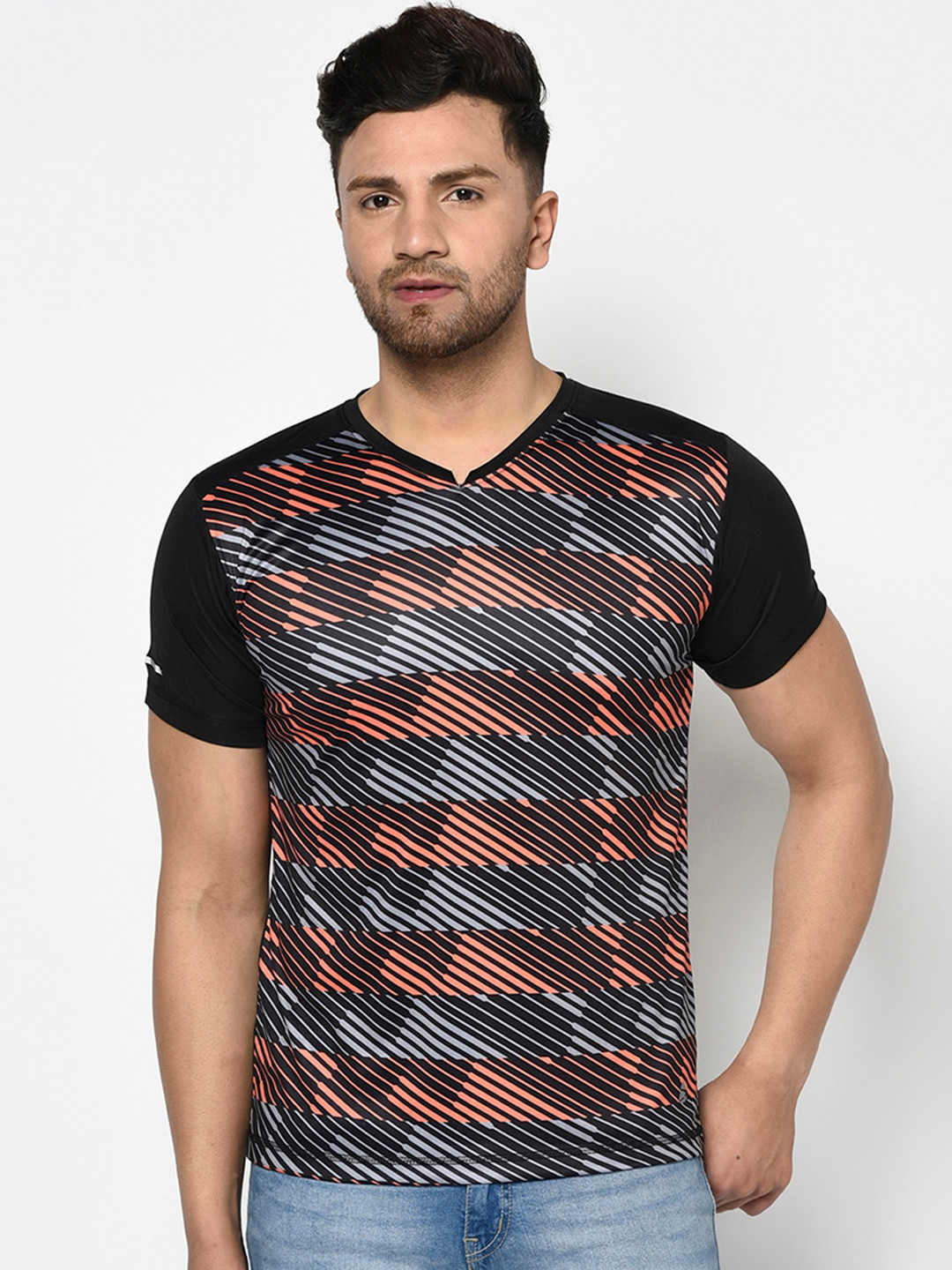 Duke Men Black Striped V-Neck T-shirt