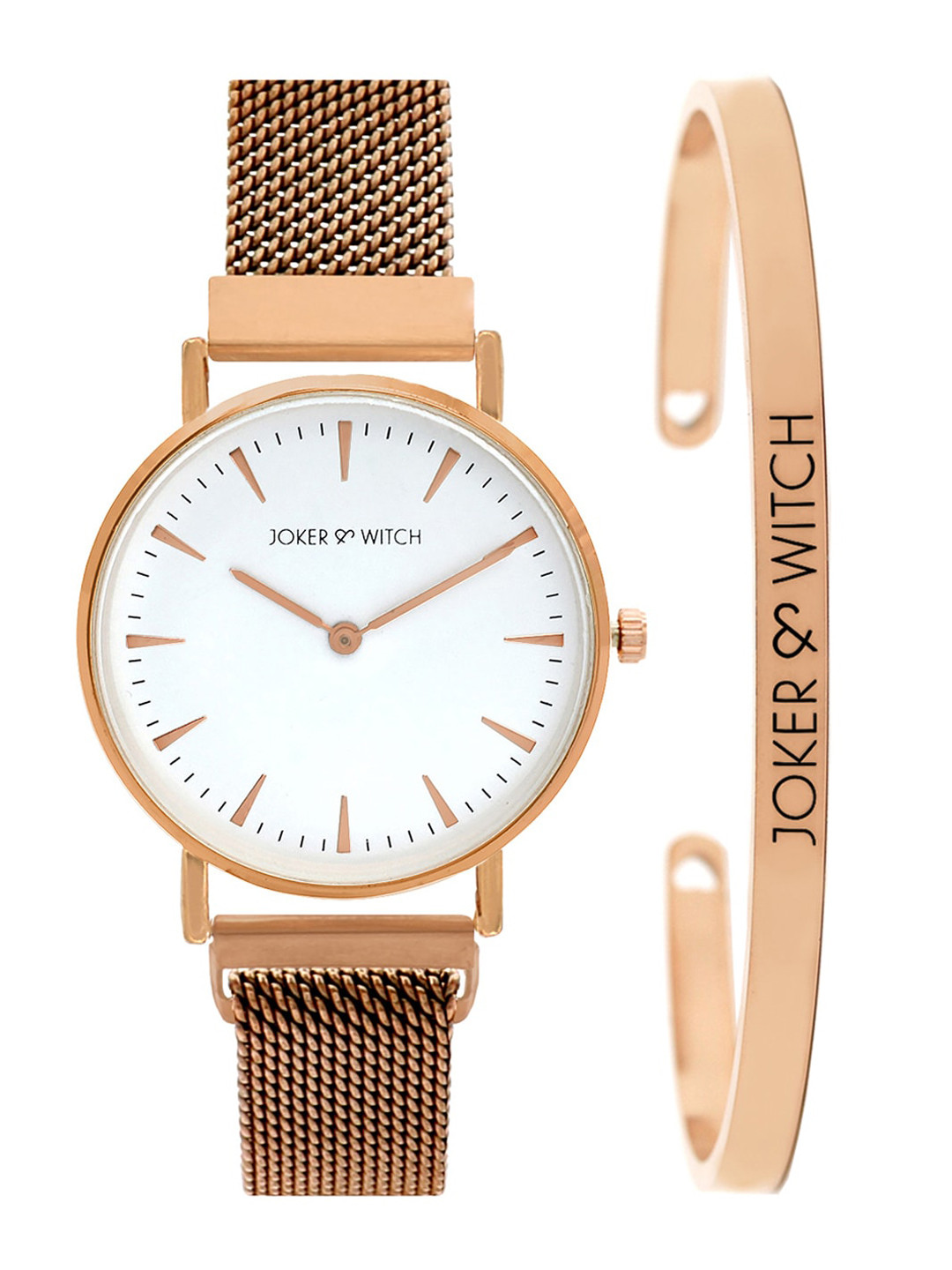 JOKER & WITCH Women White & Rose-Gold Toned Matte Shimmer Watch With Bracelet Gift Set
