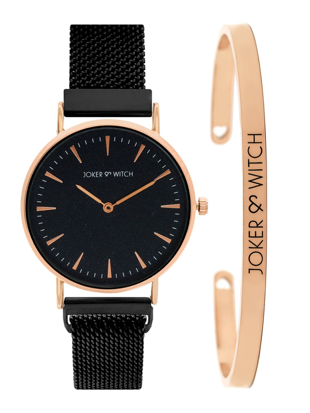 JOKER & WITCH Women Black & Rose Gold-Toned On Fleek Watch & Bracelet Gift Set