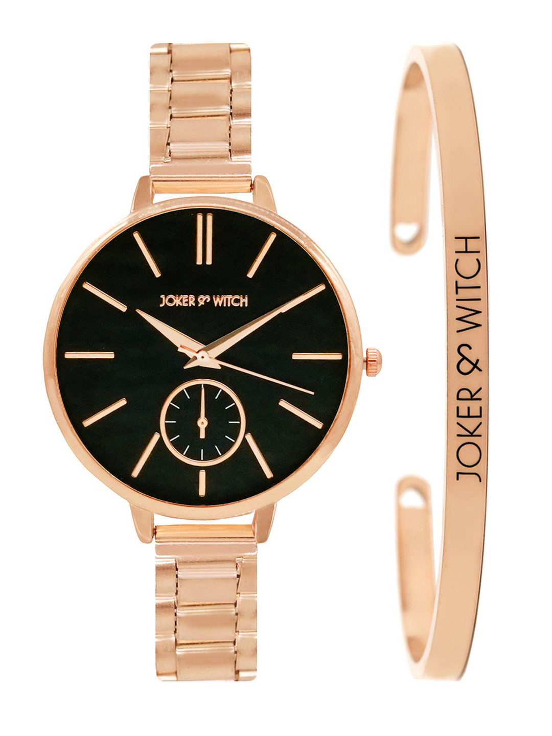JOKER & WITCH Women Black & Rose Gold-Toned Time Travel Watch & Bracelet Gift Set