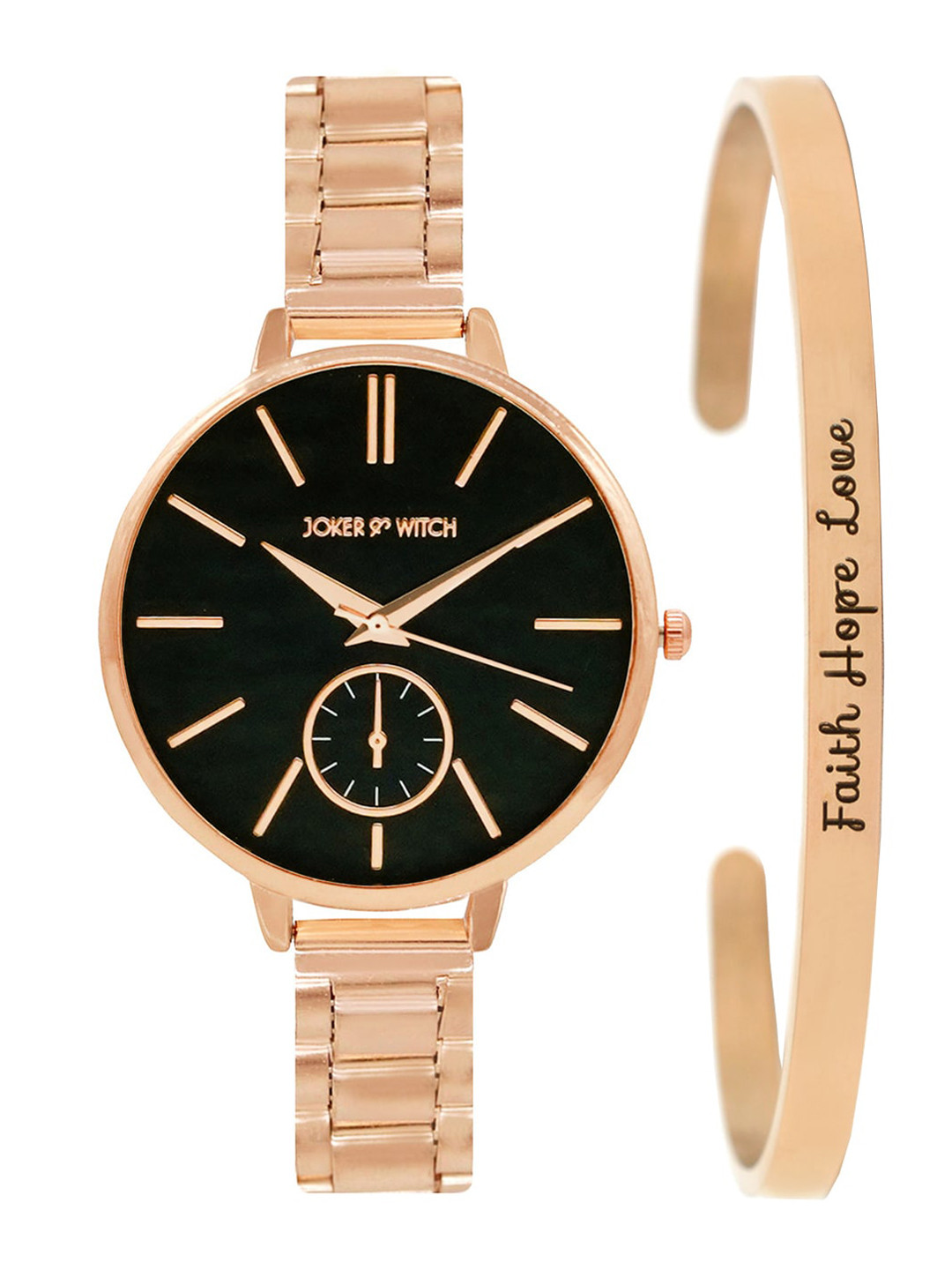 JOKER & WITCH Women Black & Rose Gold-Toned Fairy Light Watch & Bracelet Gift Set