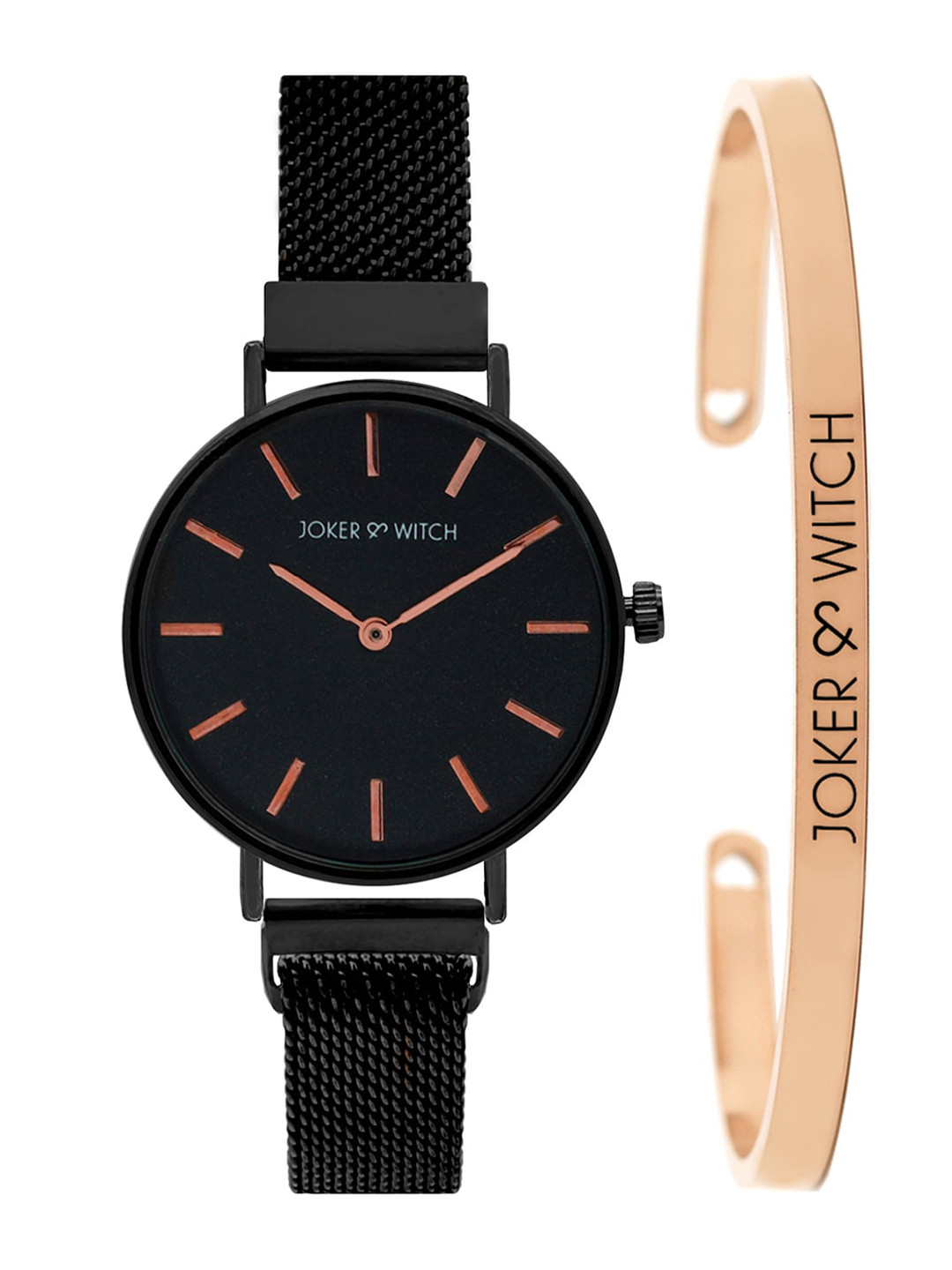 JOKER & WITCH Women Black & Rose-Gold Toned After Party Watch With Bracelet Gift Set