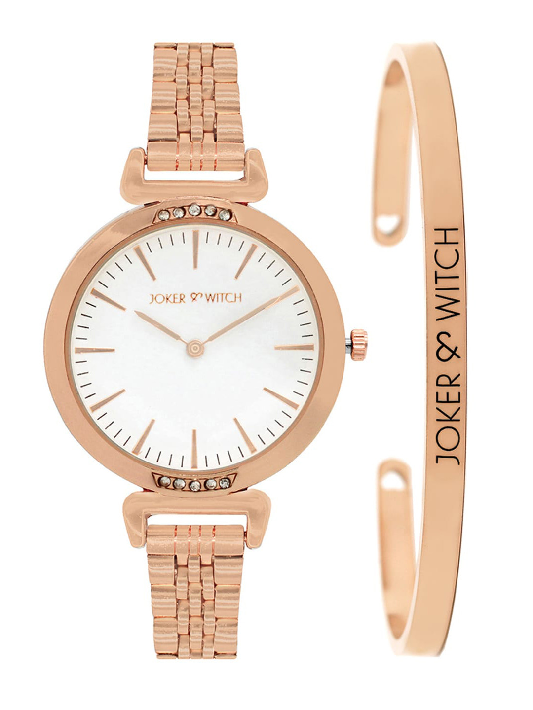 JOKER & WITCH Women White & Rose-Gold Toned French Watch With Bracelet Gift Set