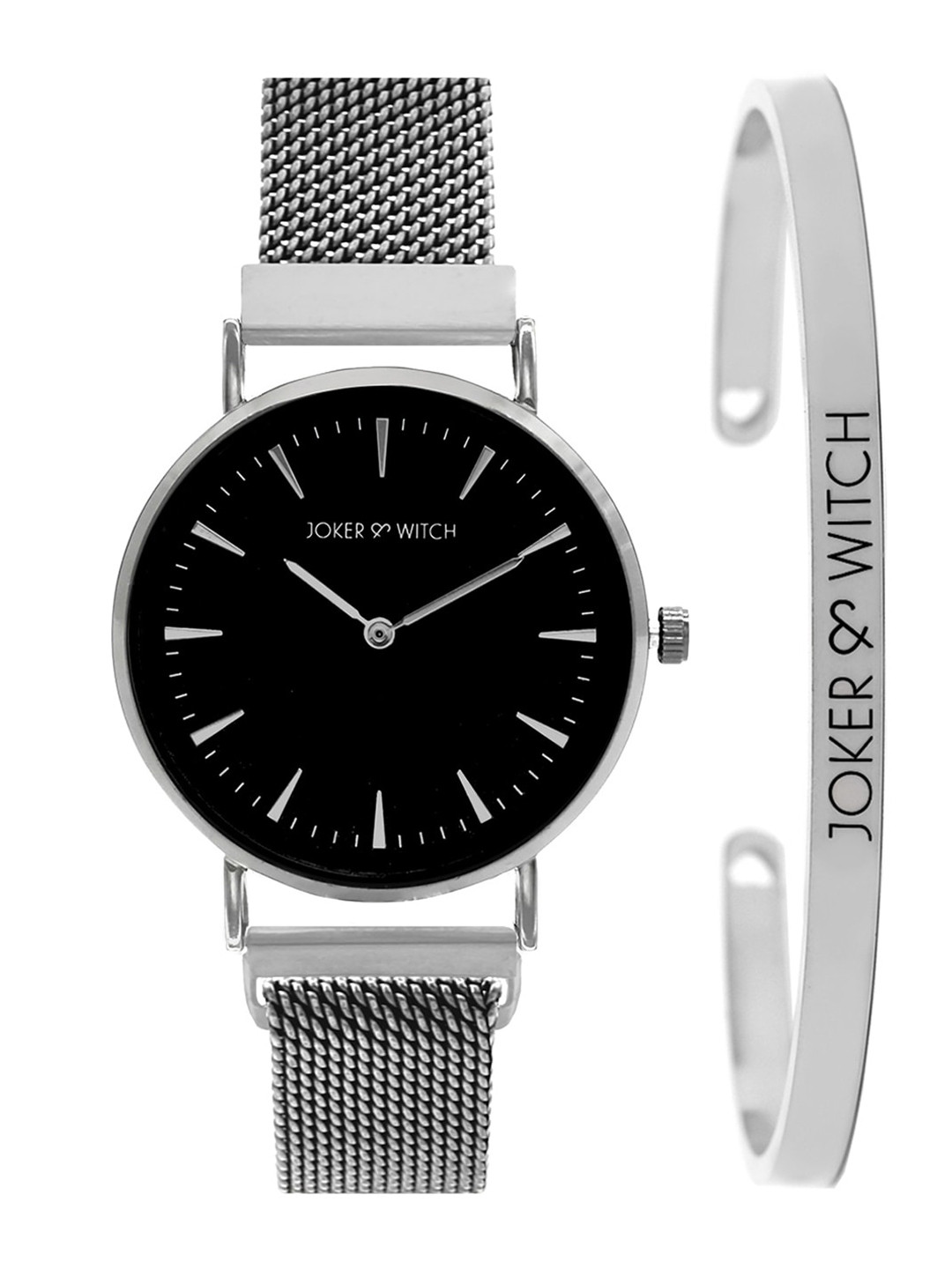 JOKER & WITCH Women Black & Silver-Toned Whimisical Touch Watch & Bracelet Gift Set