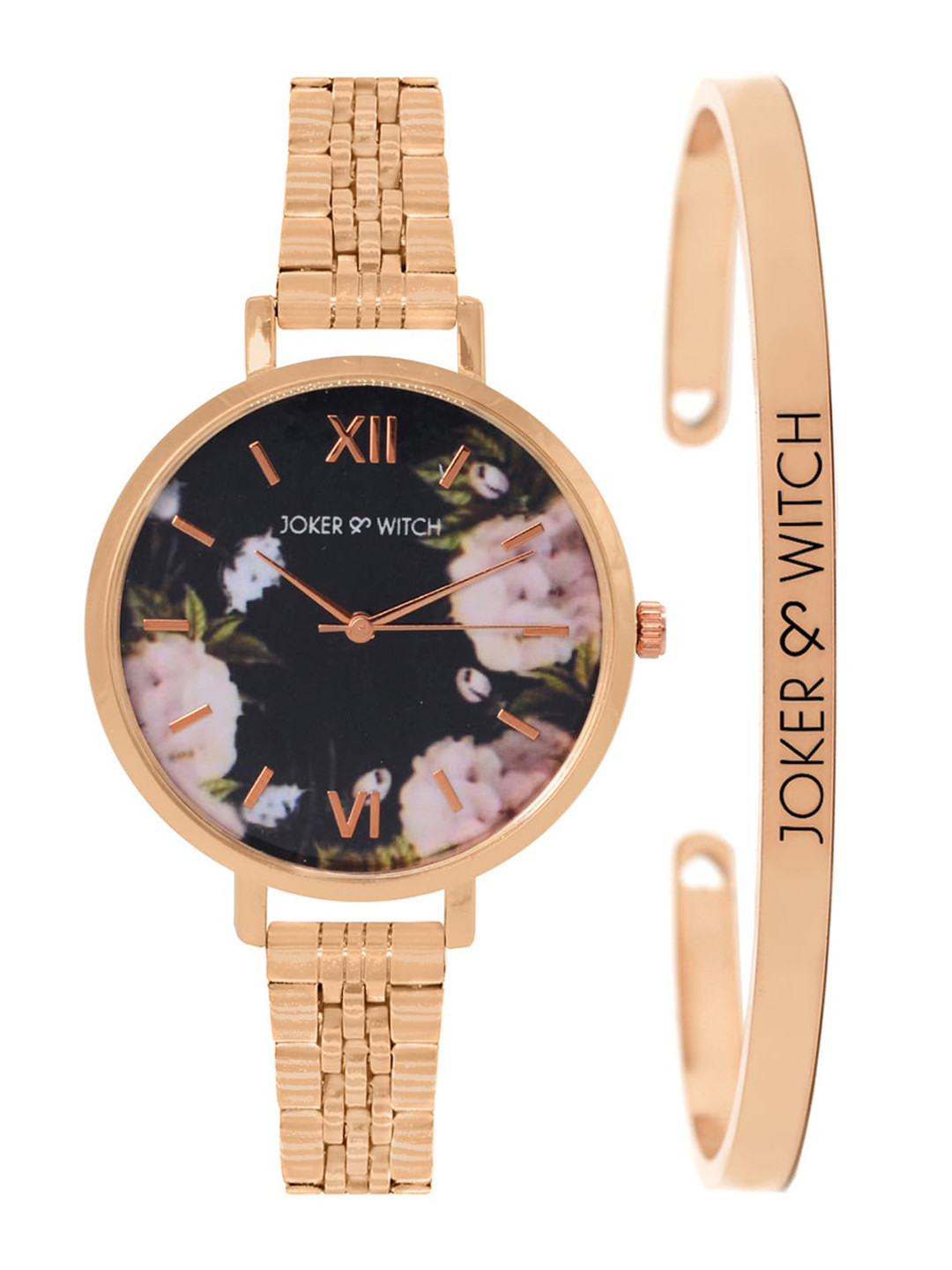 JOKER & WITCH Women Black & Rose Gold-Toned Day Dream Watch Bracelet Stack