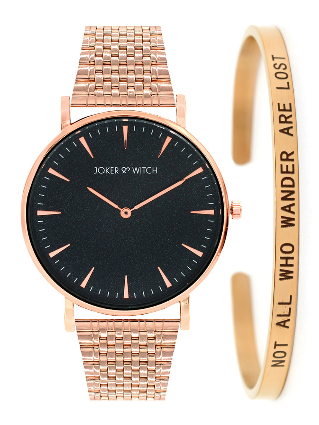 JOKER & WITCH Women Black & Rose Gold-Toned Valerie Watch & Bracelet Gift Set