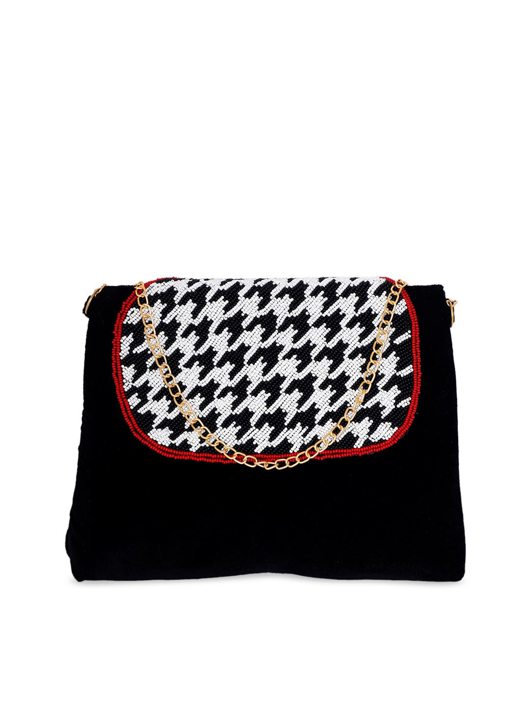 REZZY Women Black & White Embellished Foldover Clutch
