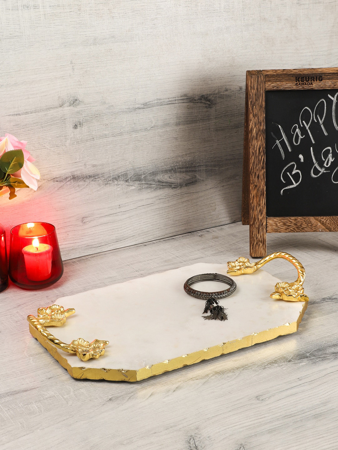 NikkisPride White & Gold-Toned Marble Serving Tray With Gold Finish Metal Handle