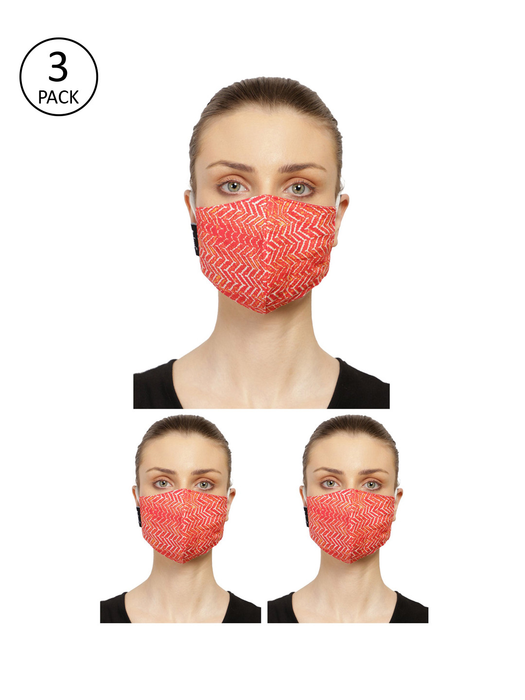 Anekaant Unisex Pack Of 3 Orange & White 3-Ply Chevron Printed Reusable Cloth Masks