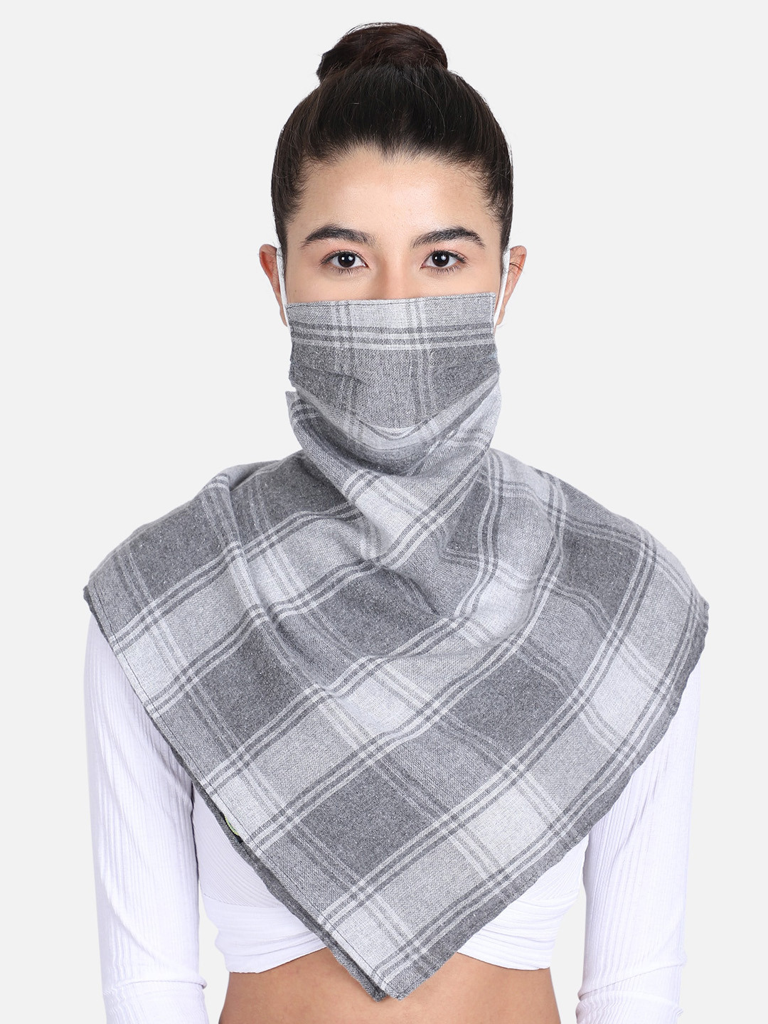 Anekaant Women Grey & White Checked 3-Ply Reusable Scarf Style Fashion Mask