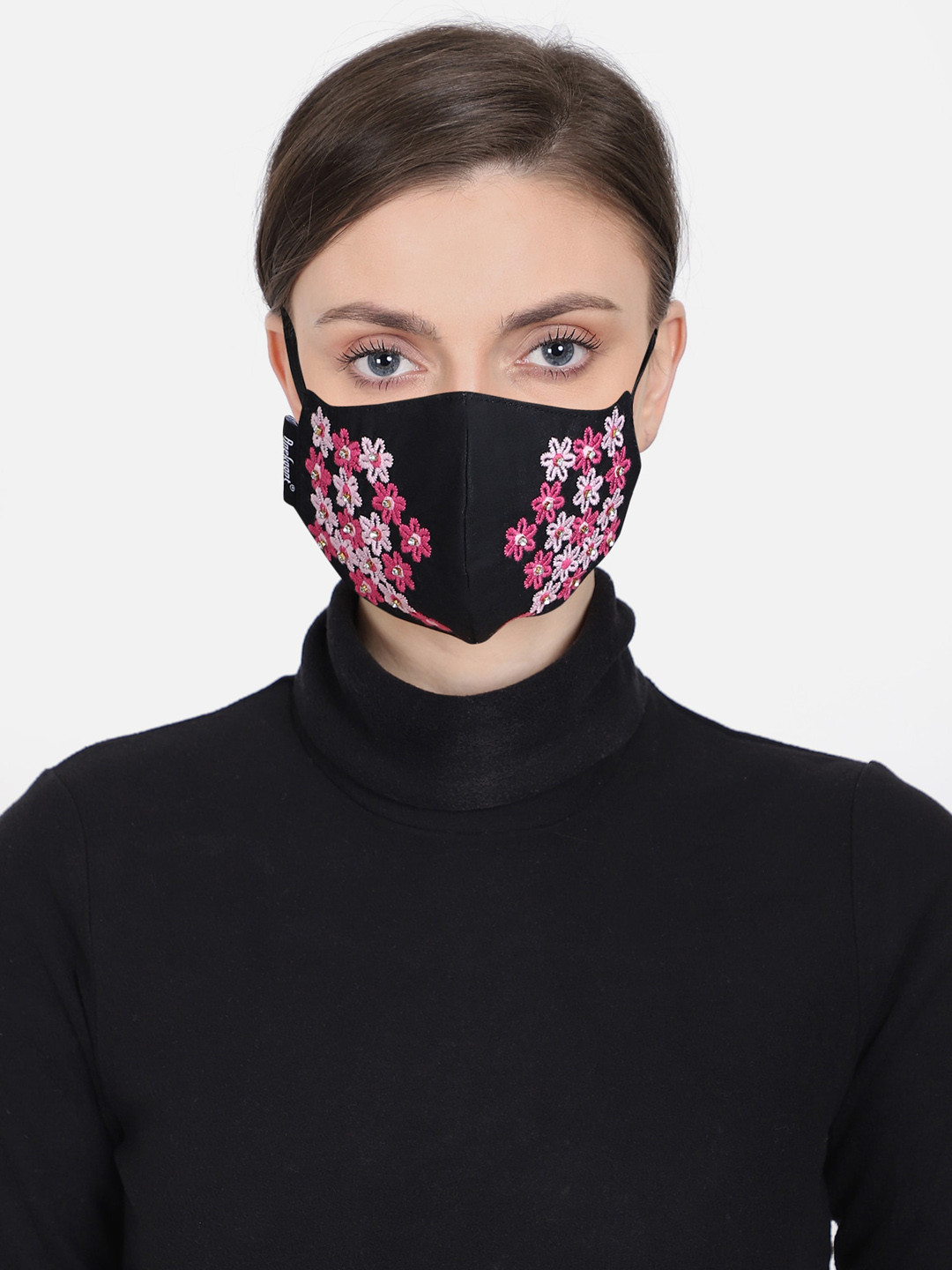 Anekaant Women Black & Pink Floral Embroidered 3-Ply Reusable Cloth Masks