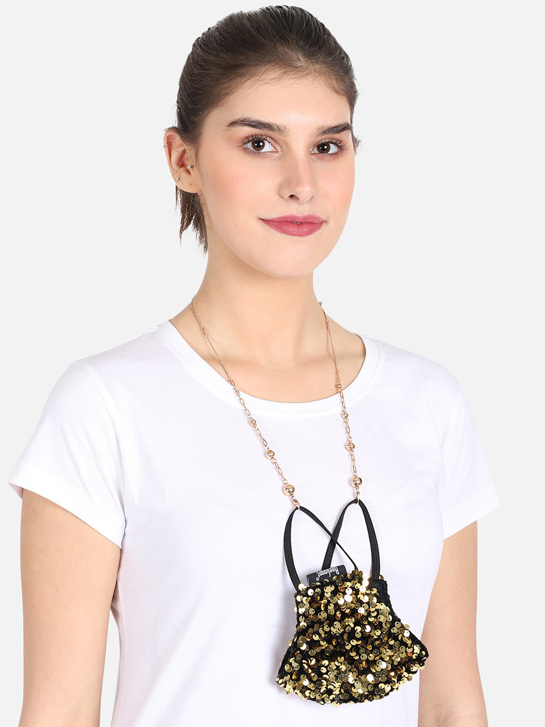 Anekaant Women Black & Gold-coloured Sclupted Sequin Reusable 3-Ply Fashion Mask With Embellished Lanyard Chain