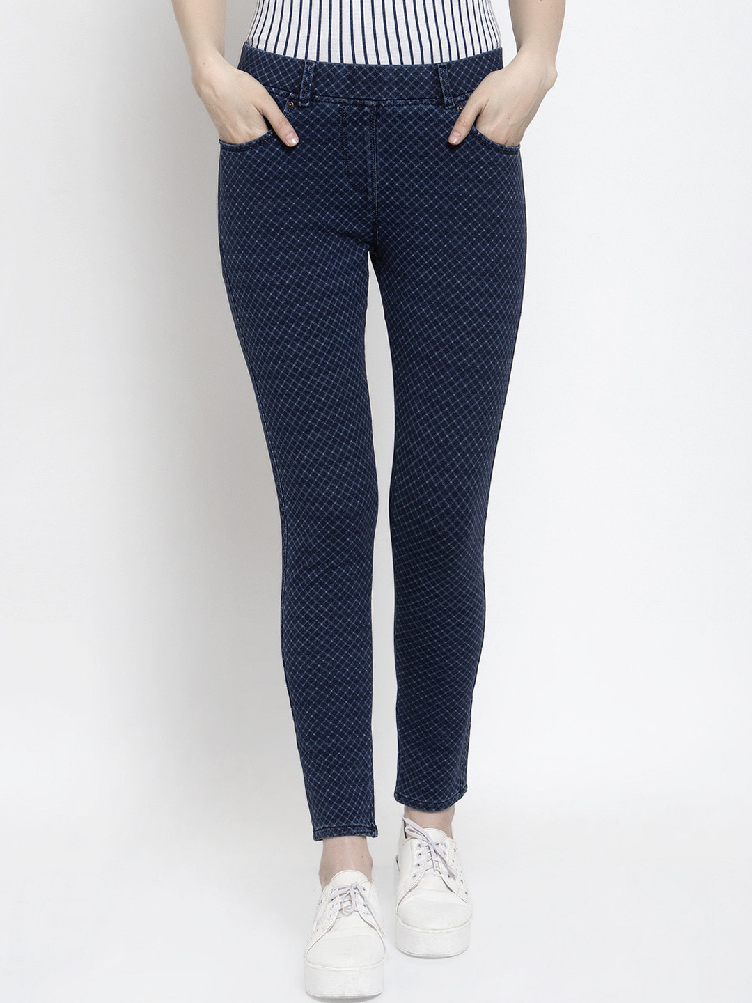 Westwood Women Navy Blue Checked Skinny Fit Jeggings