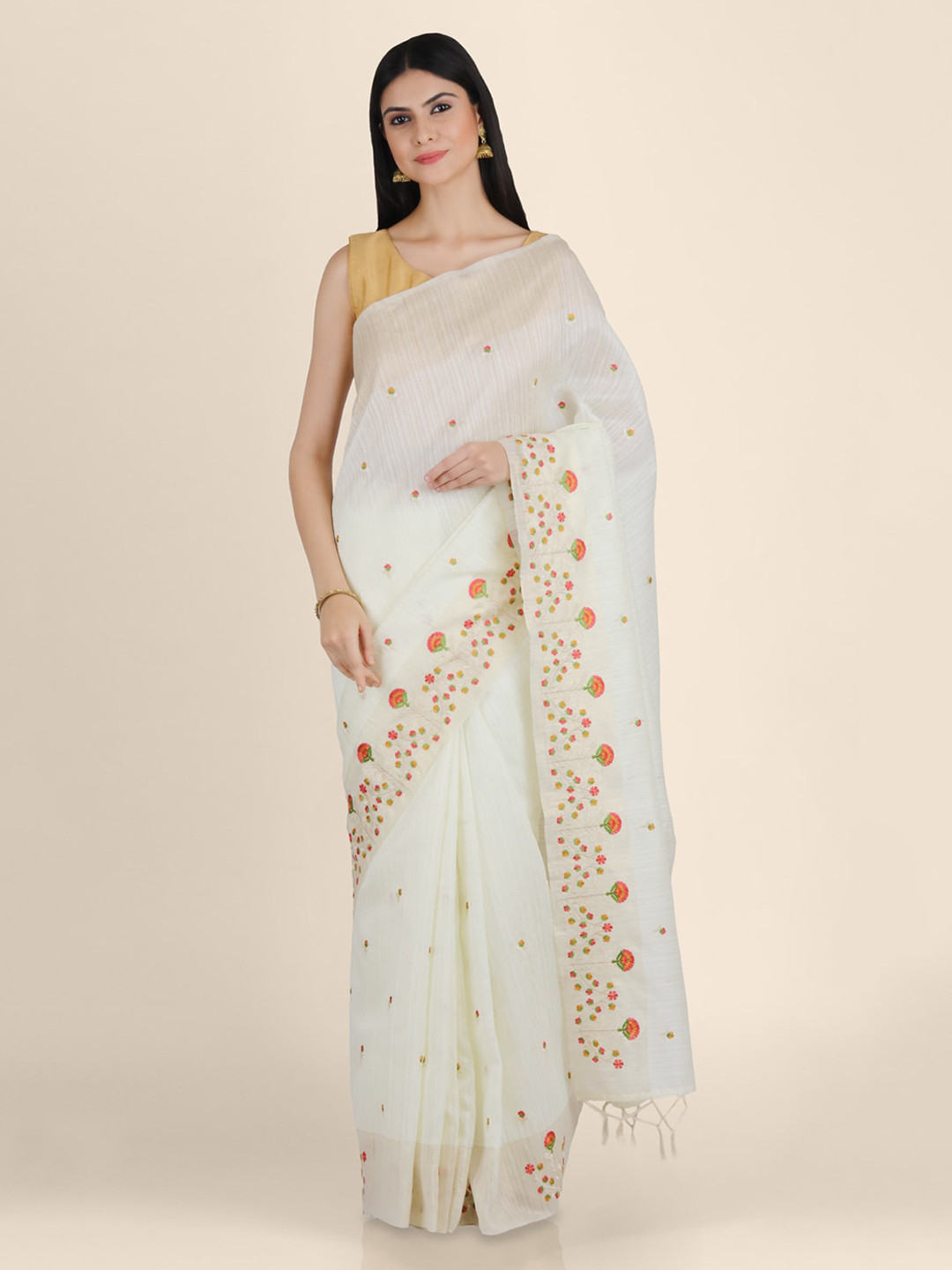 KAJREE Cream-Coloured & Red Pure Linen Embroidered Tussar Handloom Saree