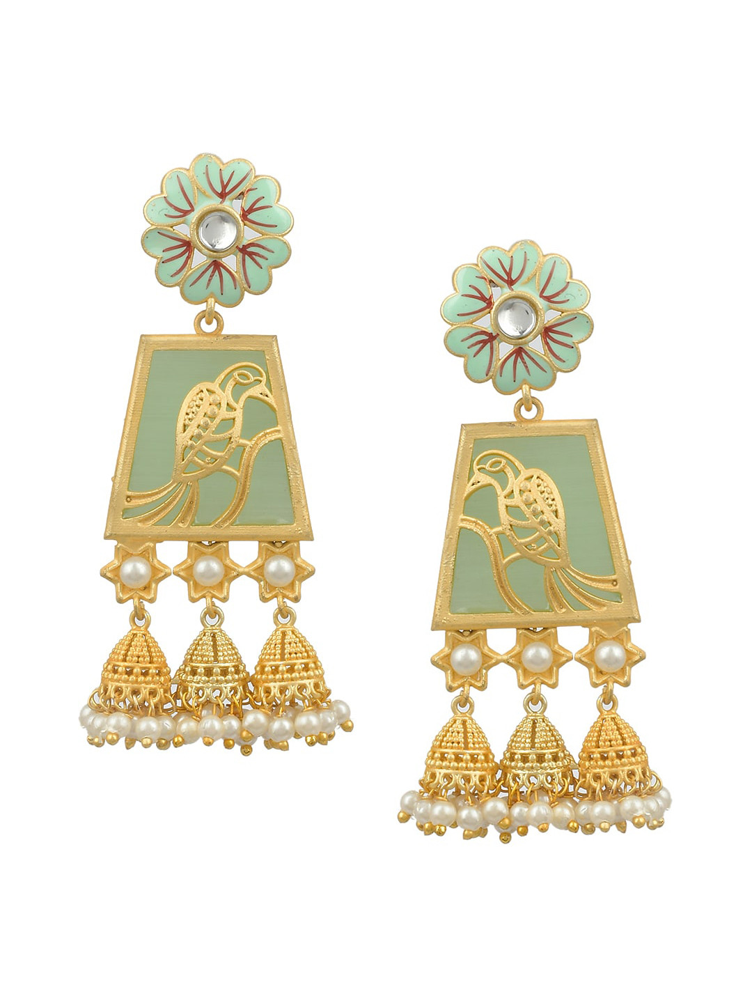 Silvermerc Designs Gold-Plated & Green Geometric Jhumkas