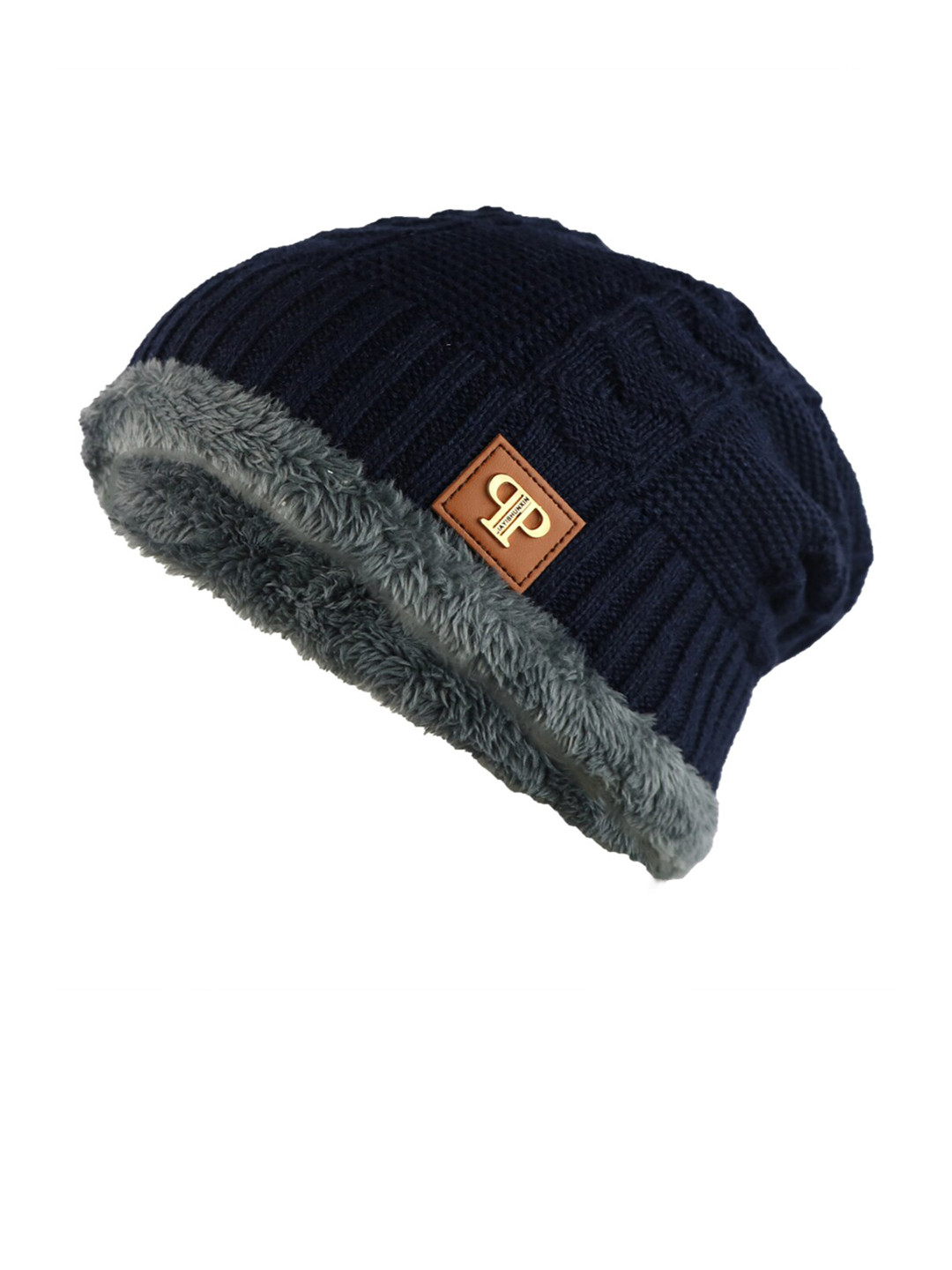 iSWEVEN Unisex Blue Self-Design Woven Expandable Beanie