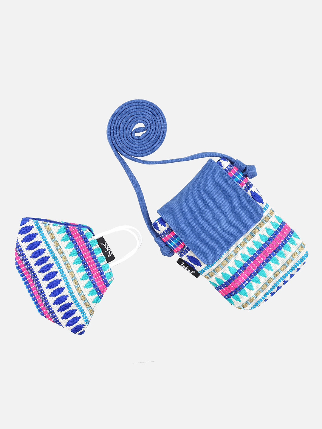 Anekaant Women Off-White & Blue Embroidered 3-Ply Reusable Outdoor Face Mask With Mobile Sling