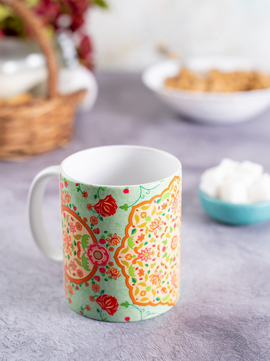 KOLOROBIA Green Floral Ceramic Handmade Mug-325ml